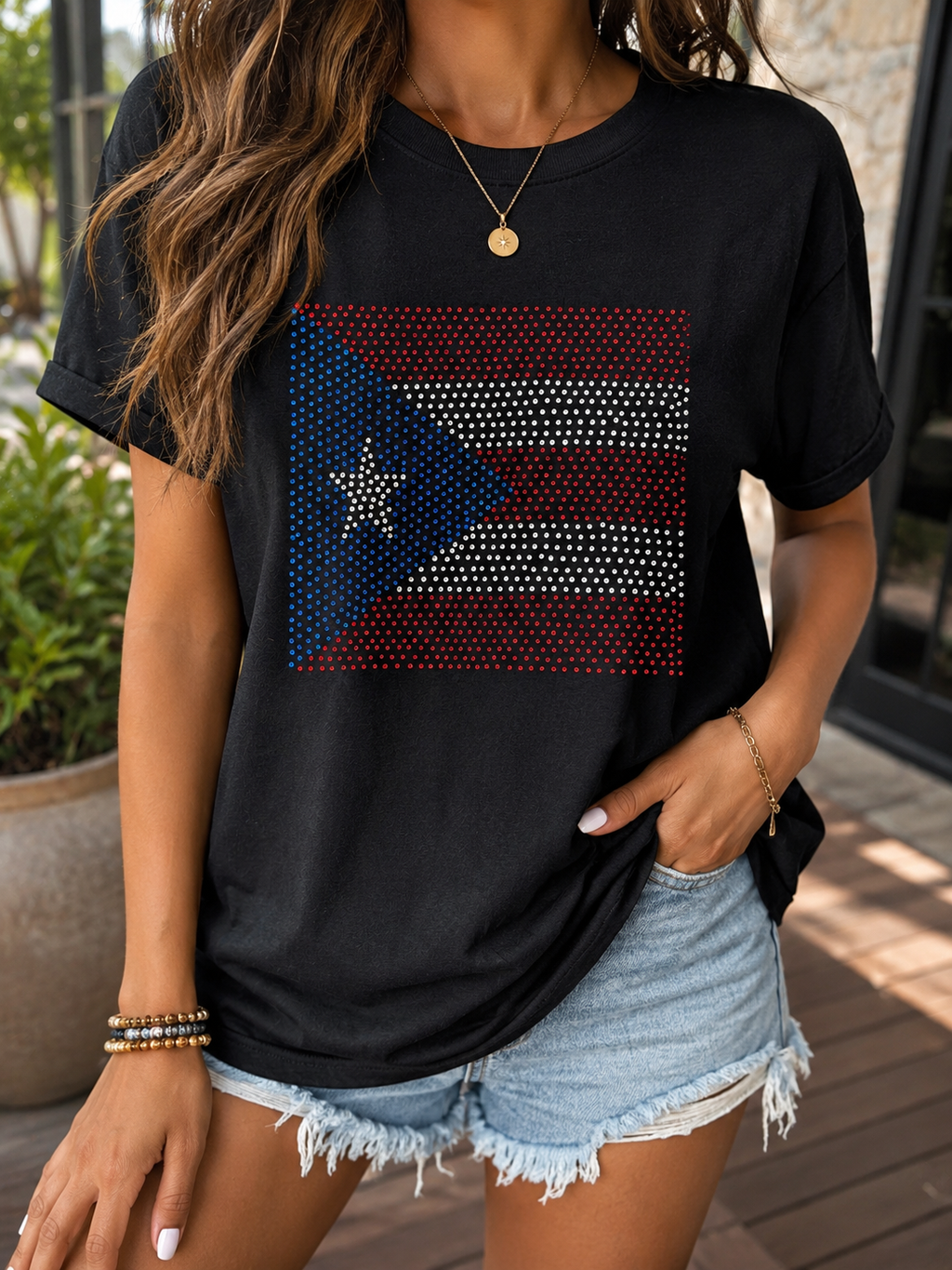 Puerto Rico Rhinestone Flag T-Shirt