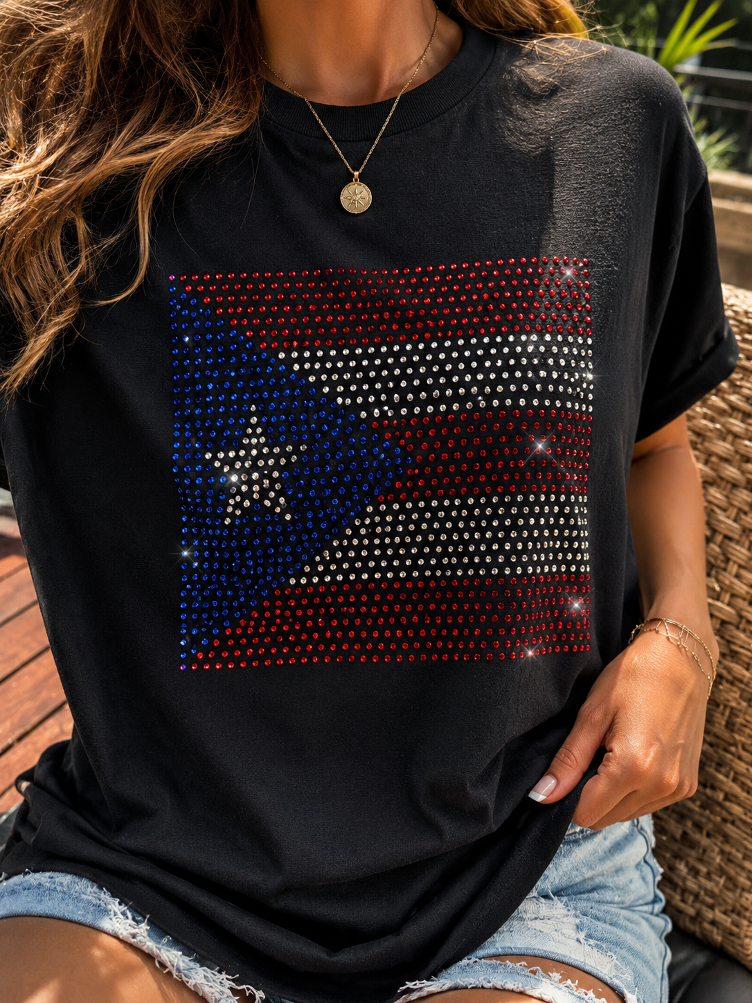 Puerto Rico Rhinestone Flag T-Shirt