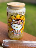 🌻 Sunflower Kitty Glitter Can Cup – 16oz Glass Can w/ Bamboo Lid & Straw