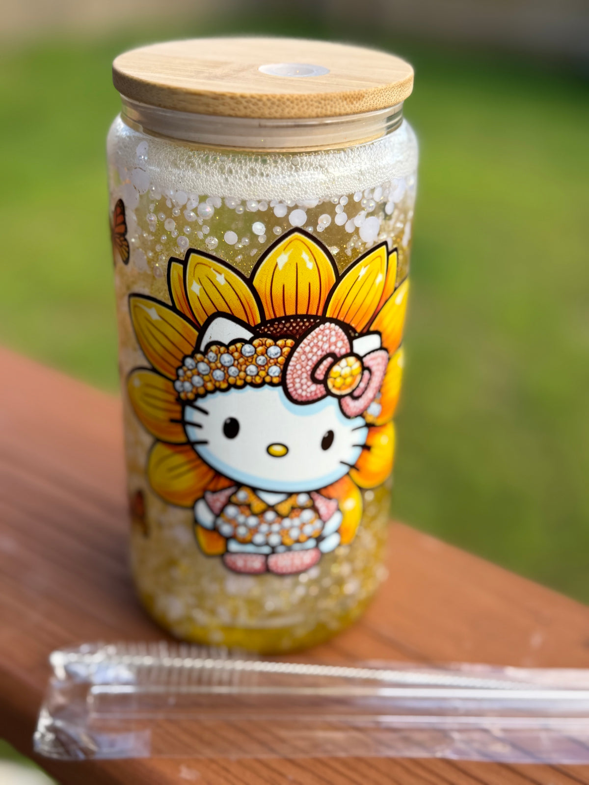 🌻 Sunflower Kitty Glitter Can Cup – 16oz Glass Can w/ Bamboo Lid & Straw